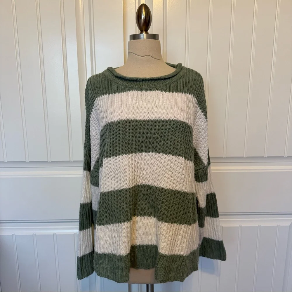 Pink Lily Striped Green and Cream Sweater - Picture 1 of 6
